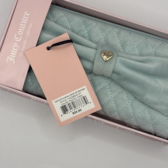New! JUICY COUTURE Wallet Tied with a Bow Zip Around - Teal Velour - Picture 4 of 5